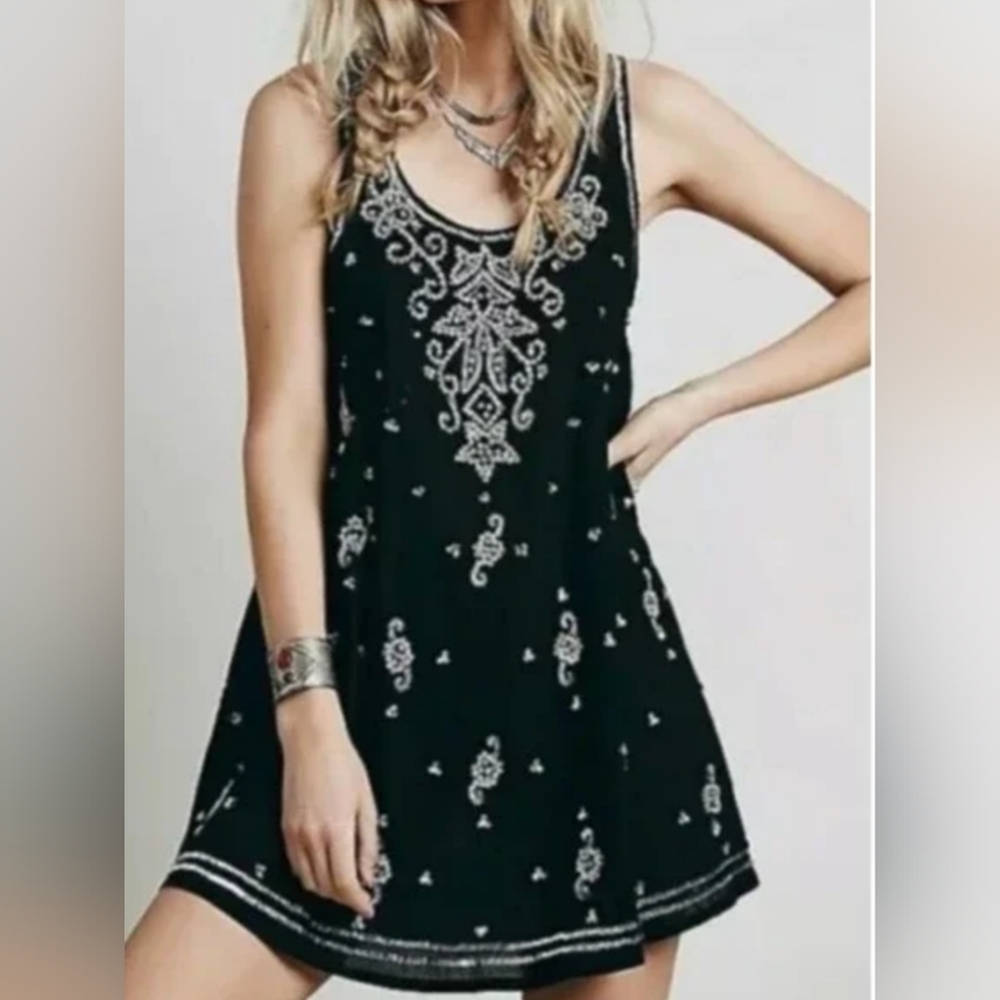 New Free People Starry Night Embellished Swing Dress in Black/Silver Combo $228